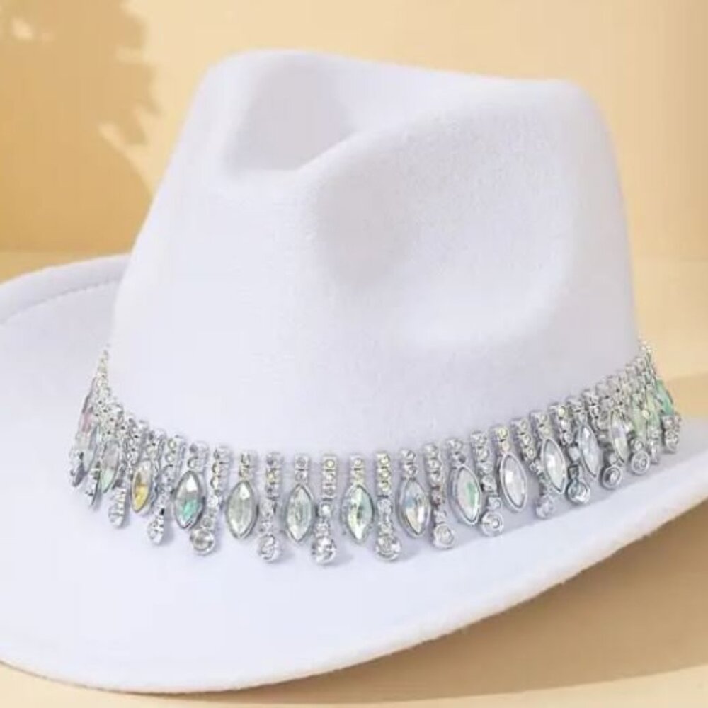 A788-NEW BLING White Felt Diamond Shape Rhinestone Drip Trim Hat adjustable insi - Picture 1 of 2